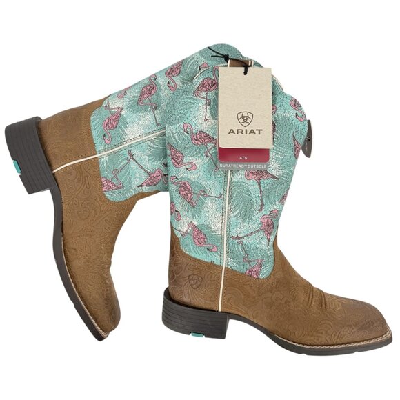 Ariat Women's Round Up Wide Embossed Chestnut Flock O Flamingos Boots Sz 7B NWOB - Picture 1 of 14